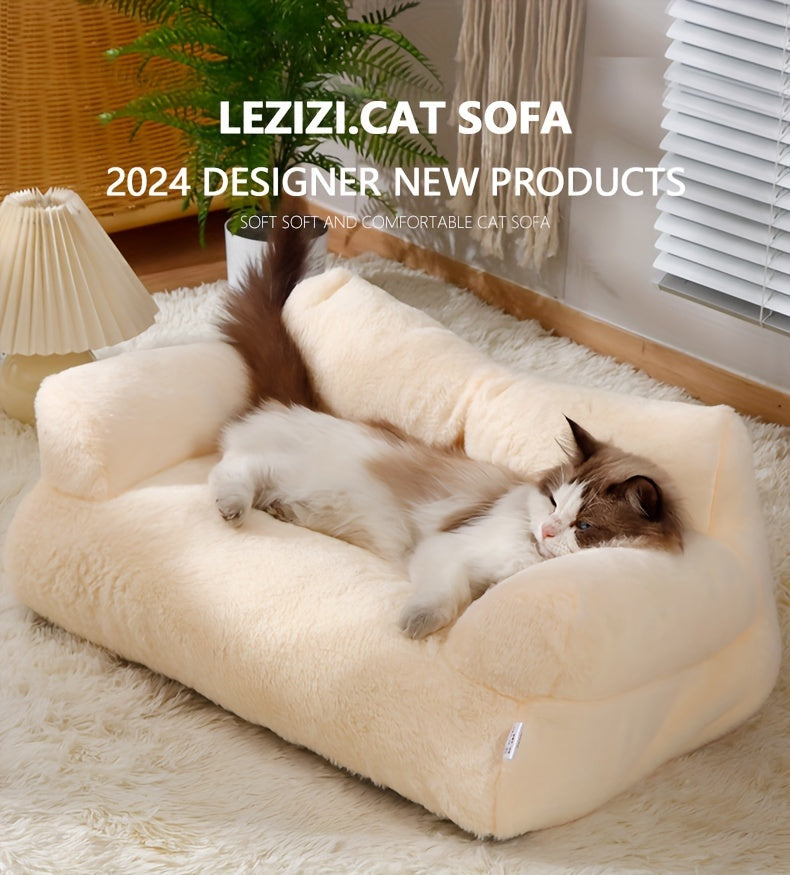 Luxurious Beige Plush Cat Bed - Ultra-Soft, Warm Sofa for Cats with Non-Slip Base & Detachable Cover - Ideal for Snoozing & Relaxing, Easy to Clean, Polyester Fill - Perfect Pet Lounger for Kittens & Cats, Kitten Bed