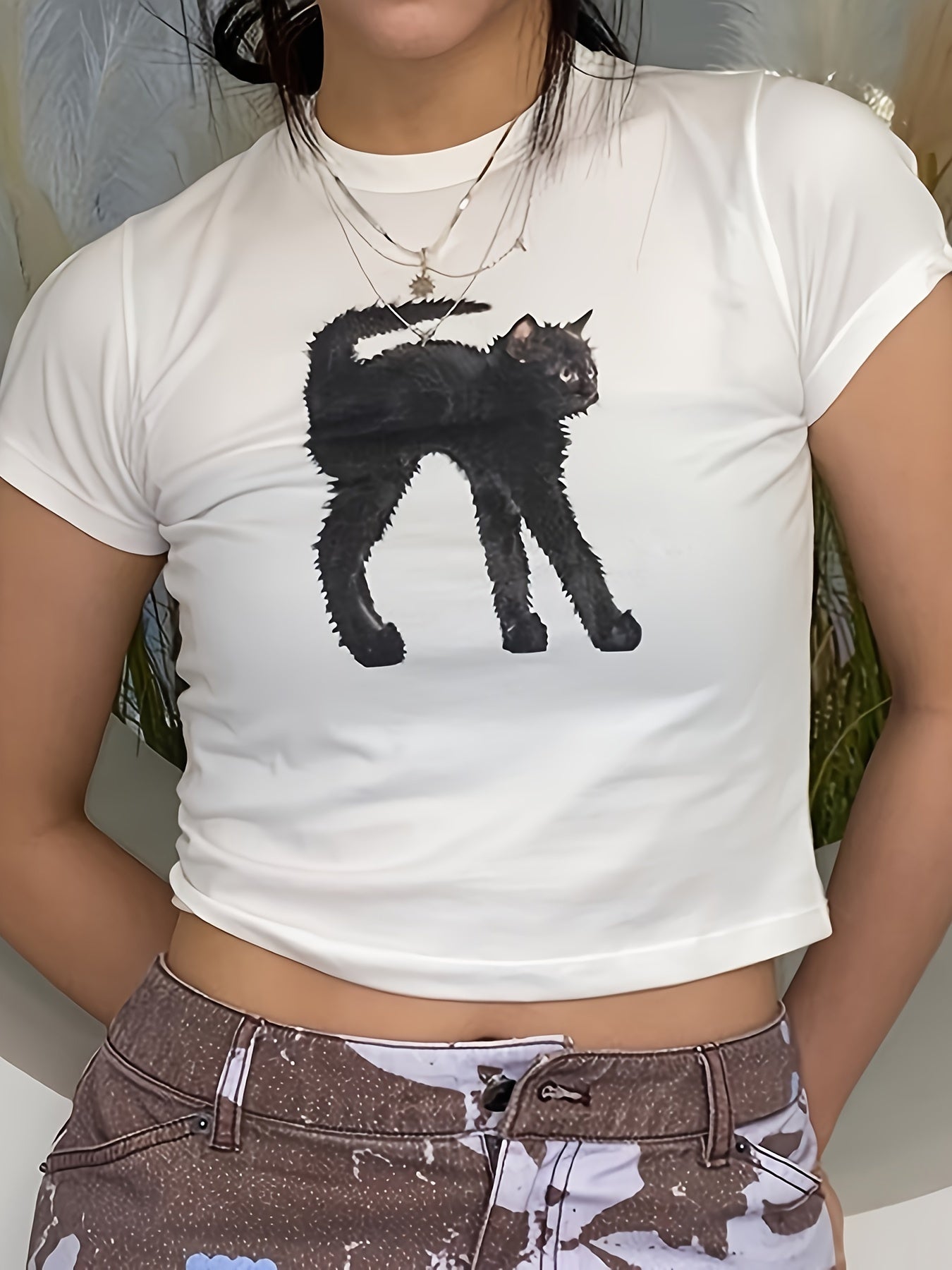 Cat Print Crew Neck T-shirt, Y2K Short Sleeve Crop Top, Women's Clothing