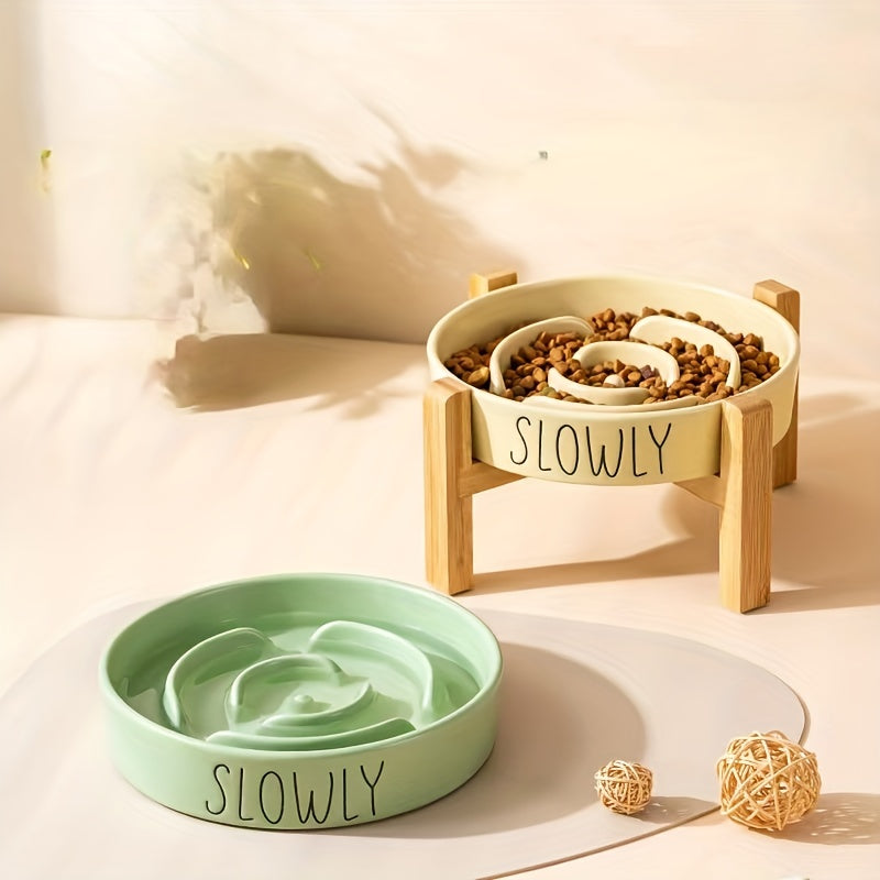 Elevated Cat Bowl, Ceramic Slow Feeder Cat Puzzle Food Bowl Water Bowl With Wooden Stand, Anti-choking Raised Dog Cat Basin To Slow Down Eating