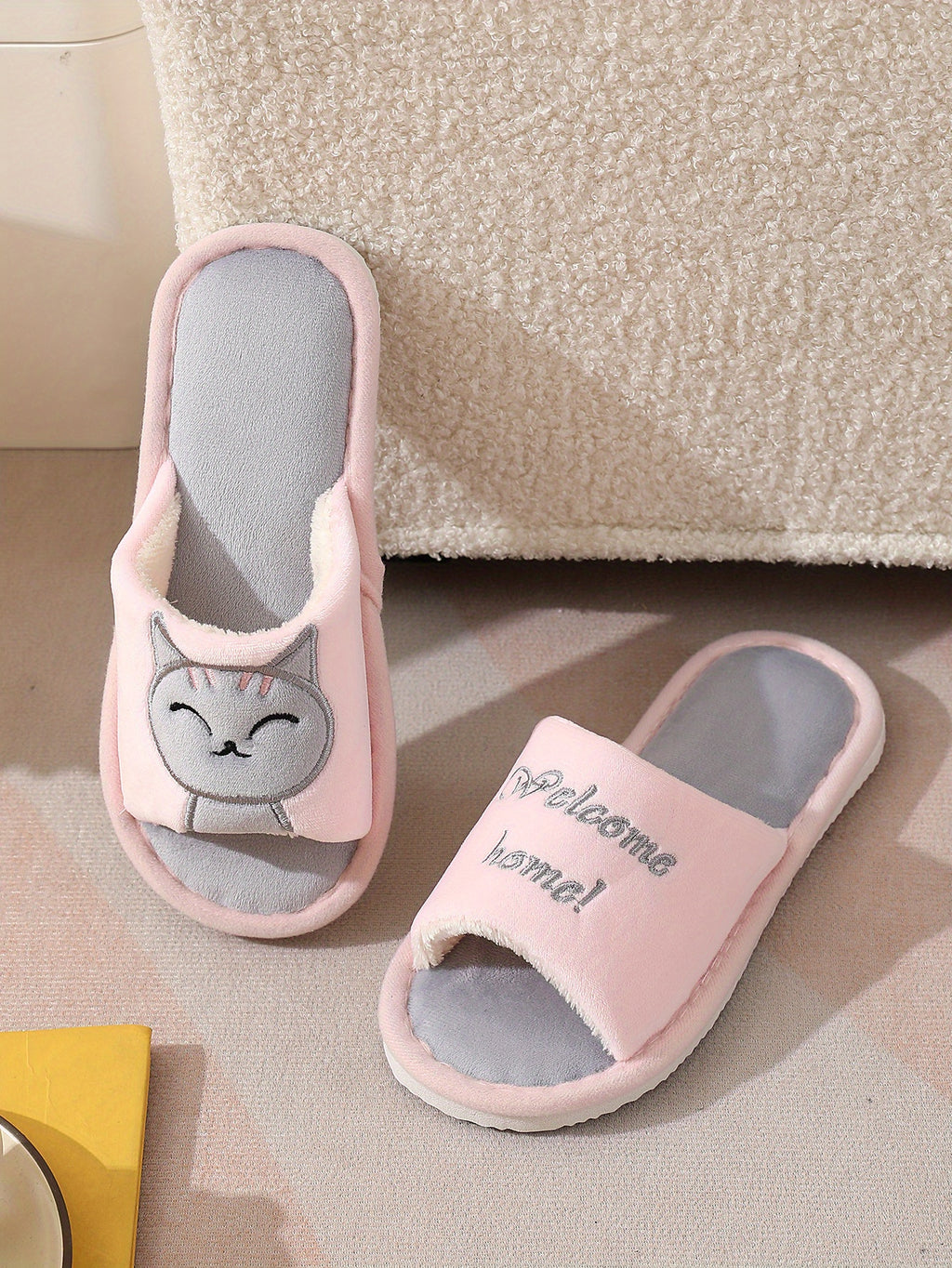 Women's Cute Cat Pattern Slippers, Open Toe Indoor Flat Fuzzy Shoes, Warm & Cozy Bedroom Floor Slippers