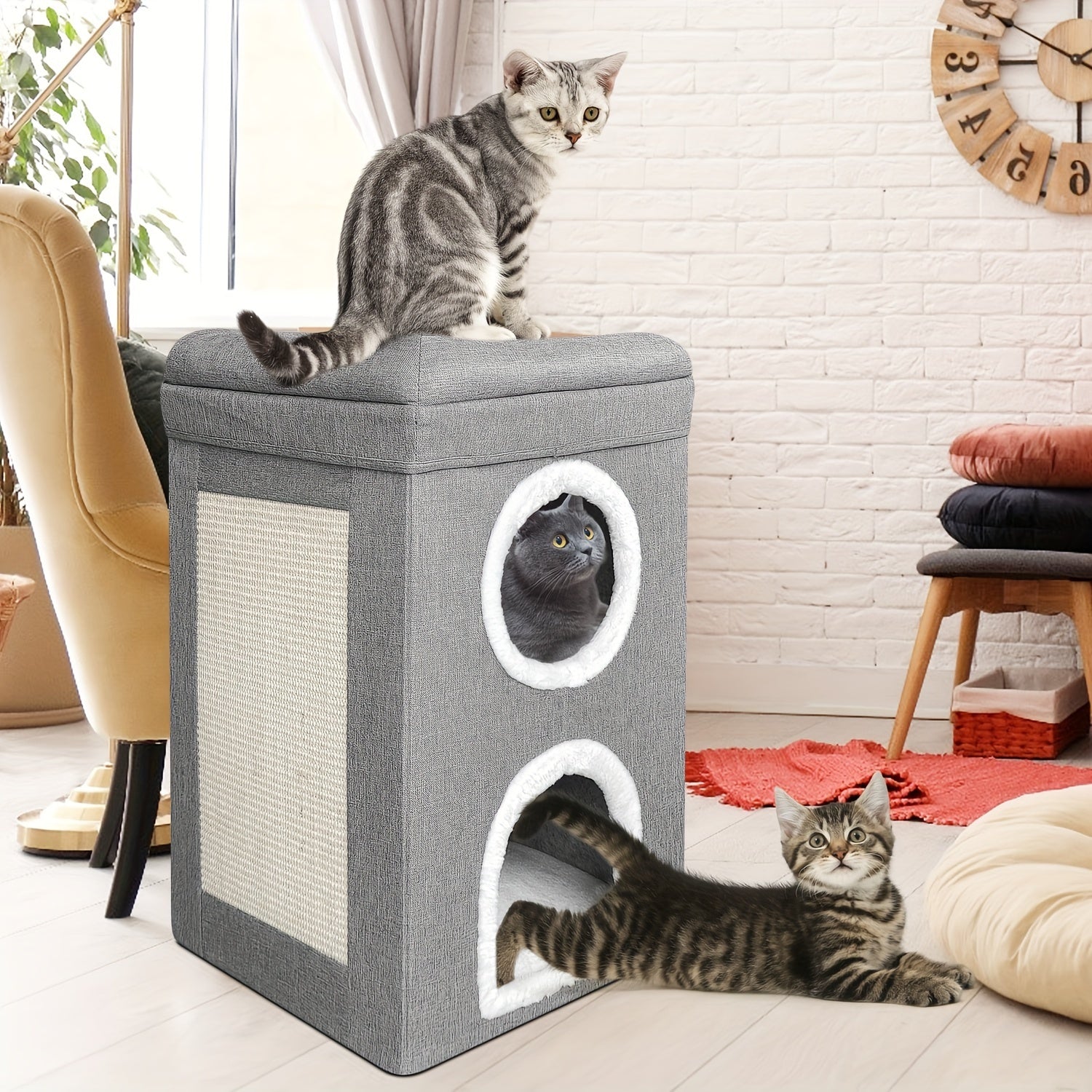 1pc FunTrip Cat House Cat Cave For Indoor Cats Three Layer Condo With Cushions Foldable Storage Cat Nest Cat Bed With Cat Scratching Board Cat Cube For Indoor Cats