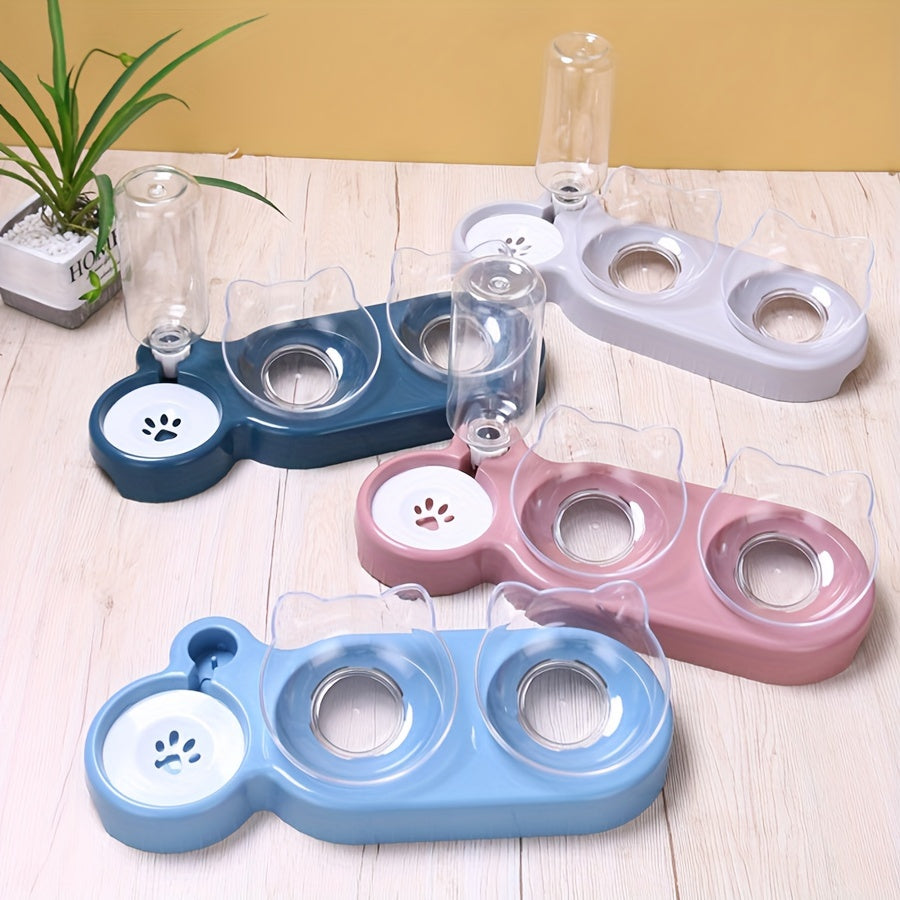 Elevated Cat Bowls With Water Dispenser, Double Pet Inclined Food And Water Bowl With Gravity Water Bottle