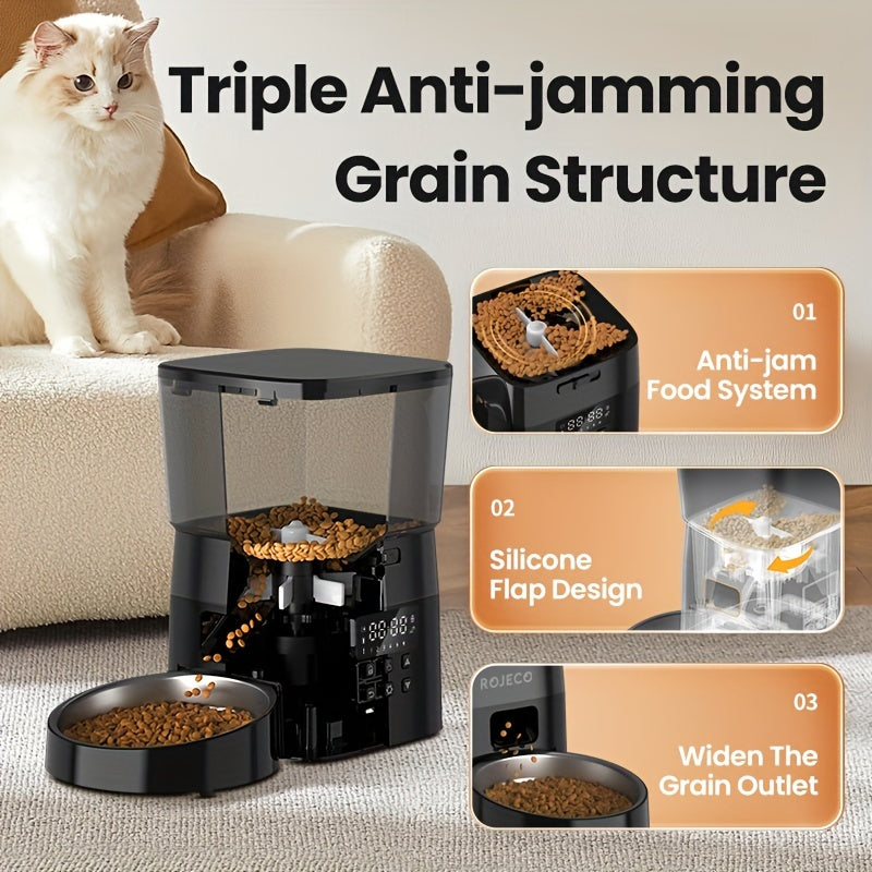 ROJECO Automatic Cat Food Dispenser, 2L Auto Cat Feeder, Timed Cat Feeder Program 1-6 Meals Control, Automatic Cat Feeder With Stainless Steel Bowl & Dual Power Supply, Automatic Pet Feeder For Cats & Dogs, No Adapter Include