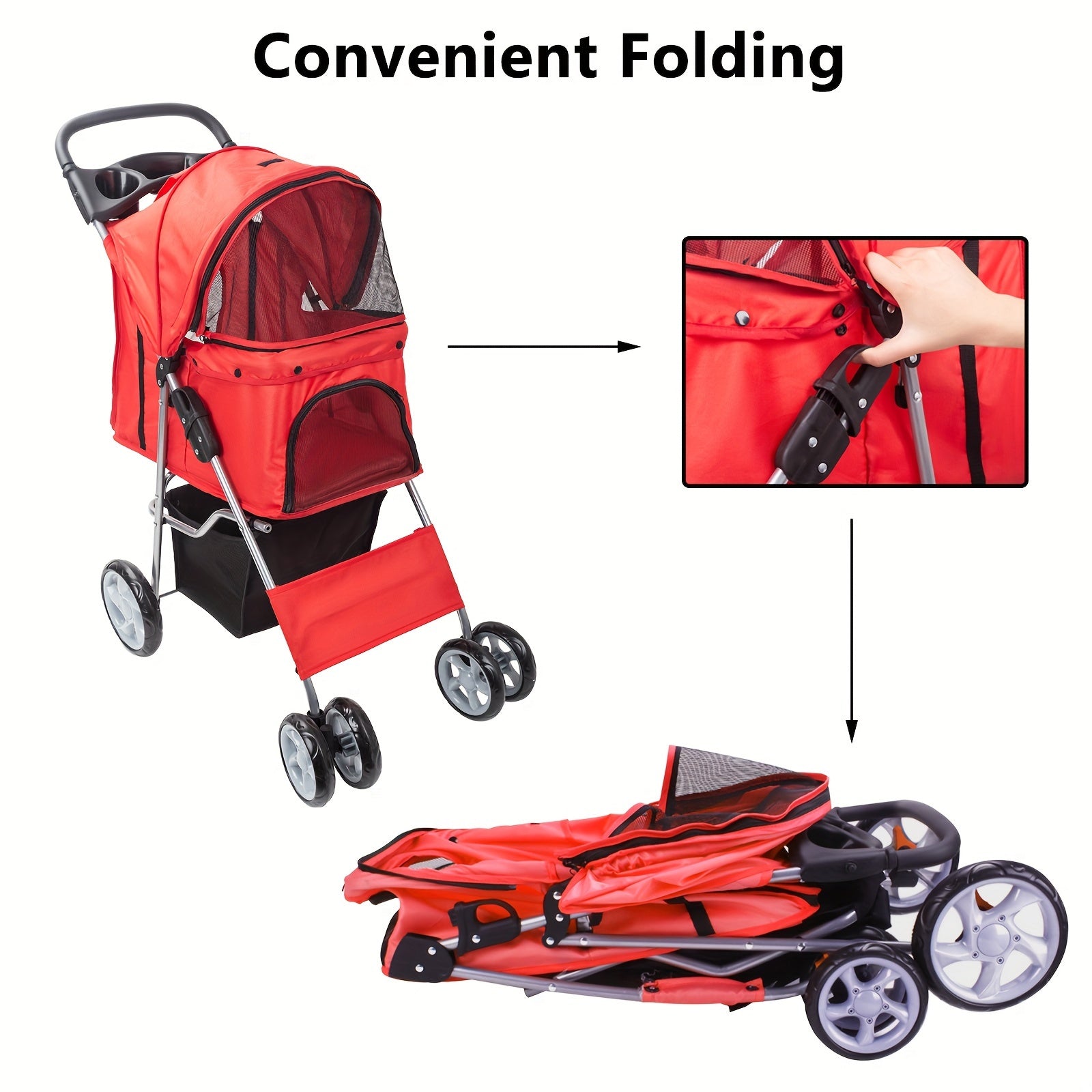 Foldable Pet Stroller SP02, Dual-Hand Collapsible, Oxford Fabric Material, Breathable Mesh Window, Lightweight With Storage Basket, For Dogs And Cats, Red/Pink Options