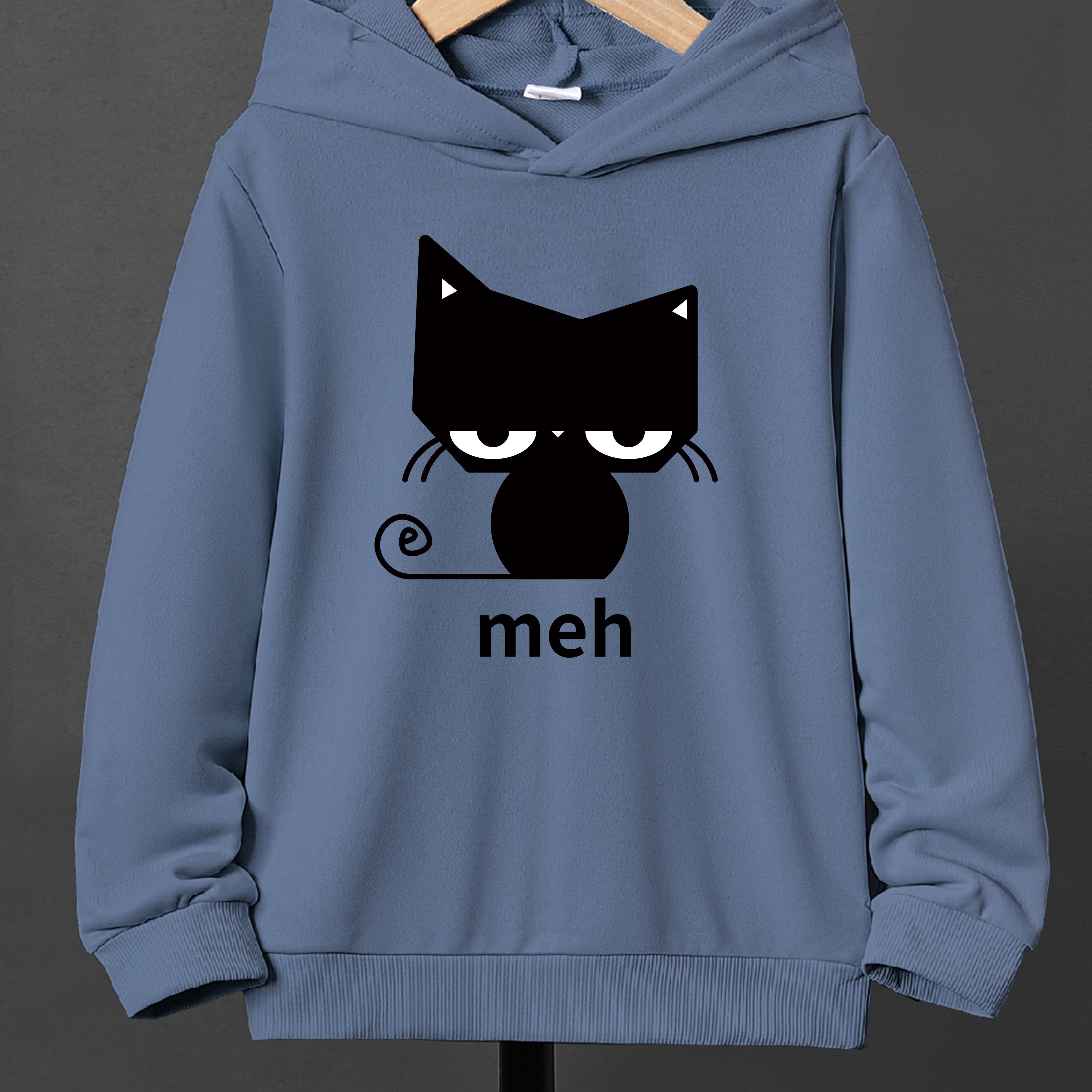 Boys' Casual Cat Print Hoodie - Comfortable Loose-Fit Long Sleeve Pullover for Fall/Winter, Easy Care, Knit Fabric