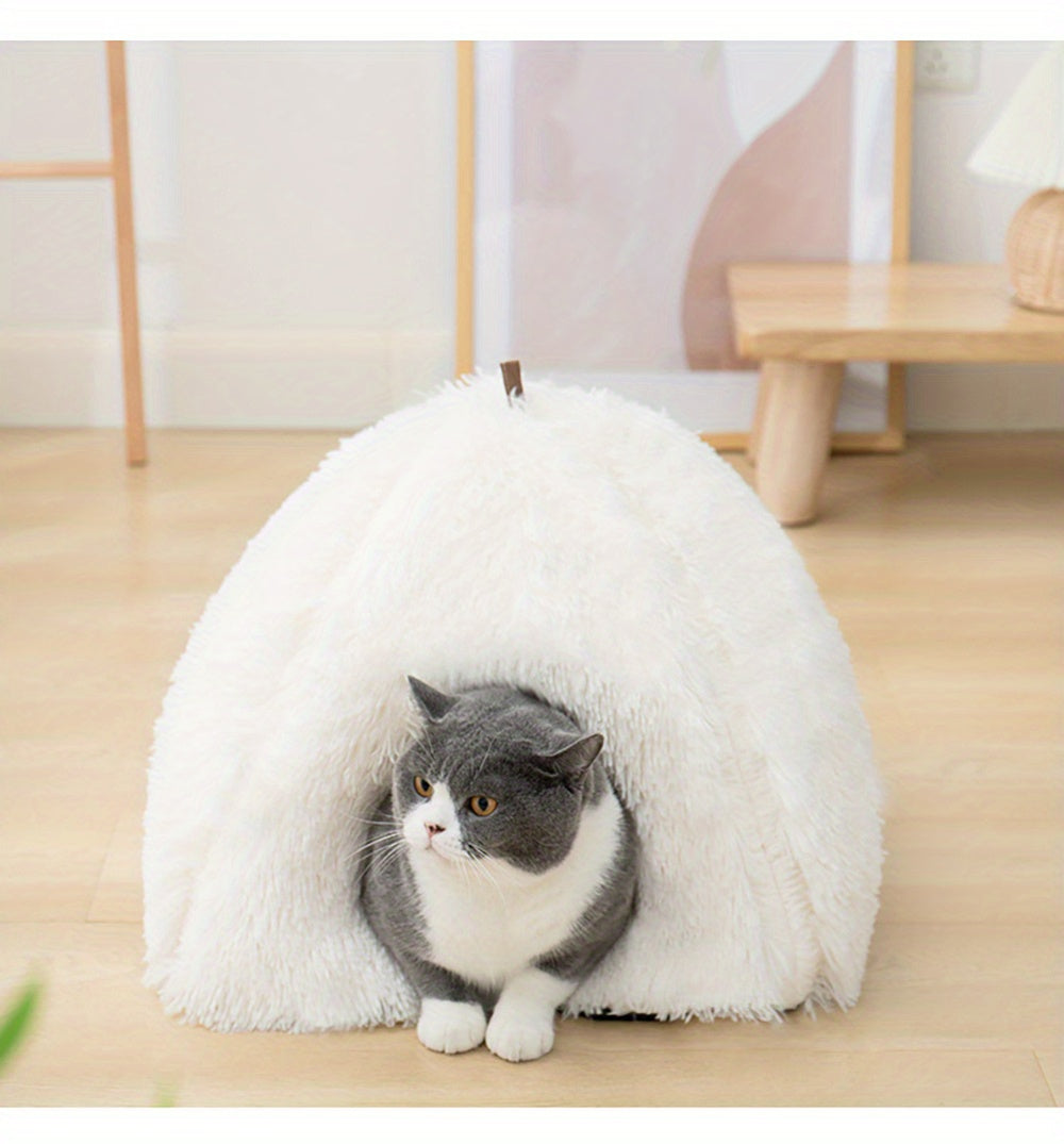 Long Plush Cozy Cat Cave Bed - Soft Polyester Pet House with Non-Slip Bottom, Removable Washable Pads & Arched Entrance Tunnel for Warmth & Comfort, Cute Hideout for Kittens & Cats, Pet Relaxation Space | Cute Cat Cave | Fluf