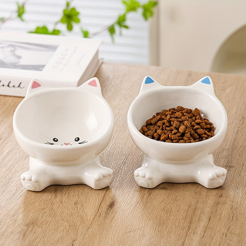 Adorable Cartoon Cat Ceramic Bowl - Elevated, Anti-Spill & Neck Supportive - Tilted Design for Healthy Feeding, Ideal Cat Water Dish