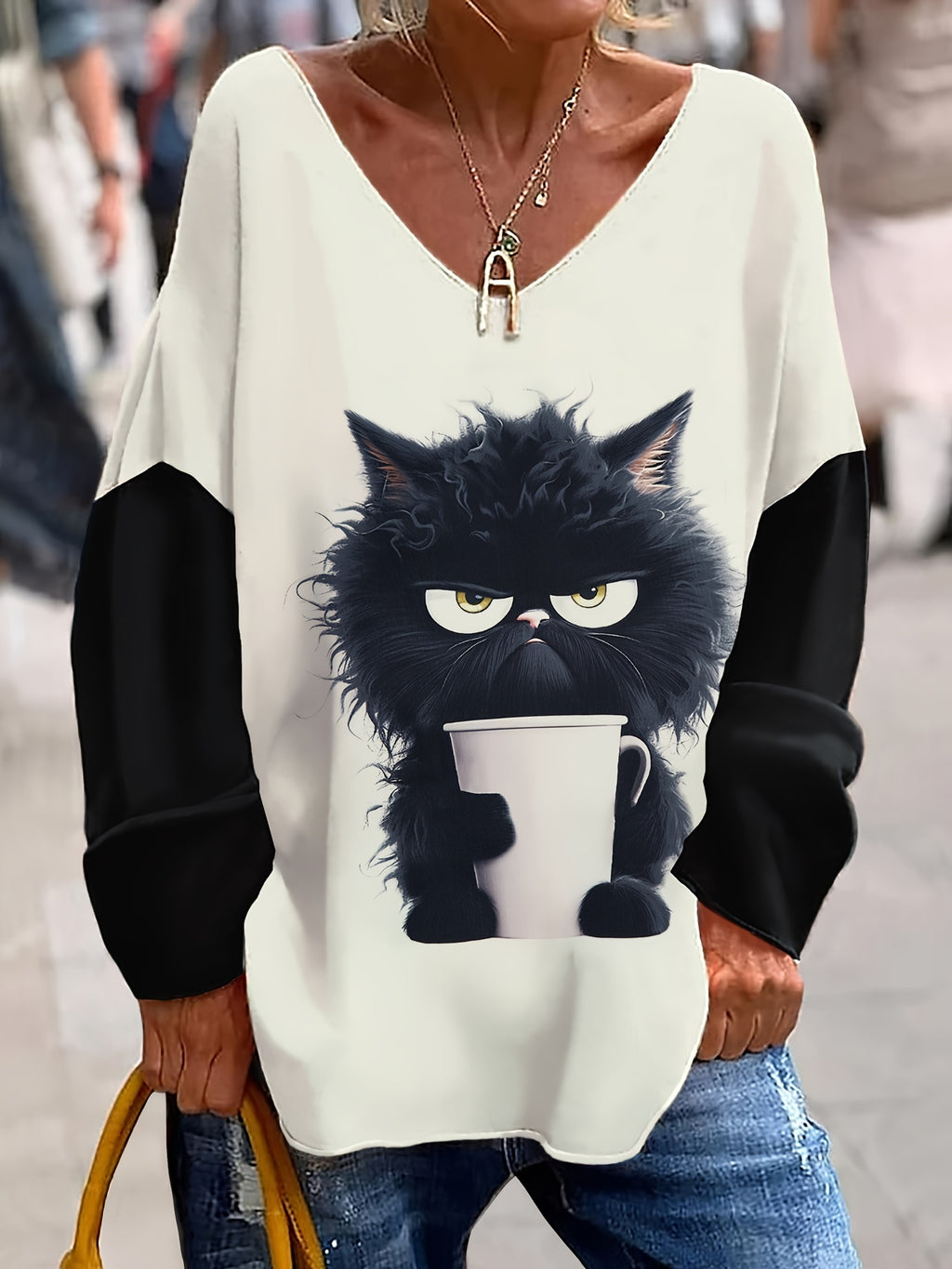 Plus Size Whimsical Cat Print T-Shirt - Relaxed Fit, Flattering V Neck, Long Sleeves - Designed for Curvy Women, Casual Plus Size Clothing for Everyday Wear