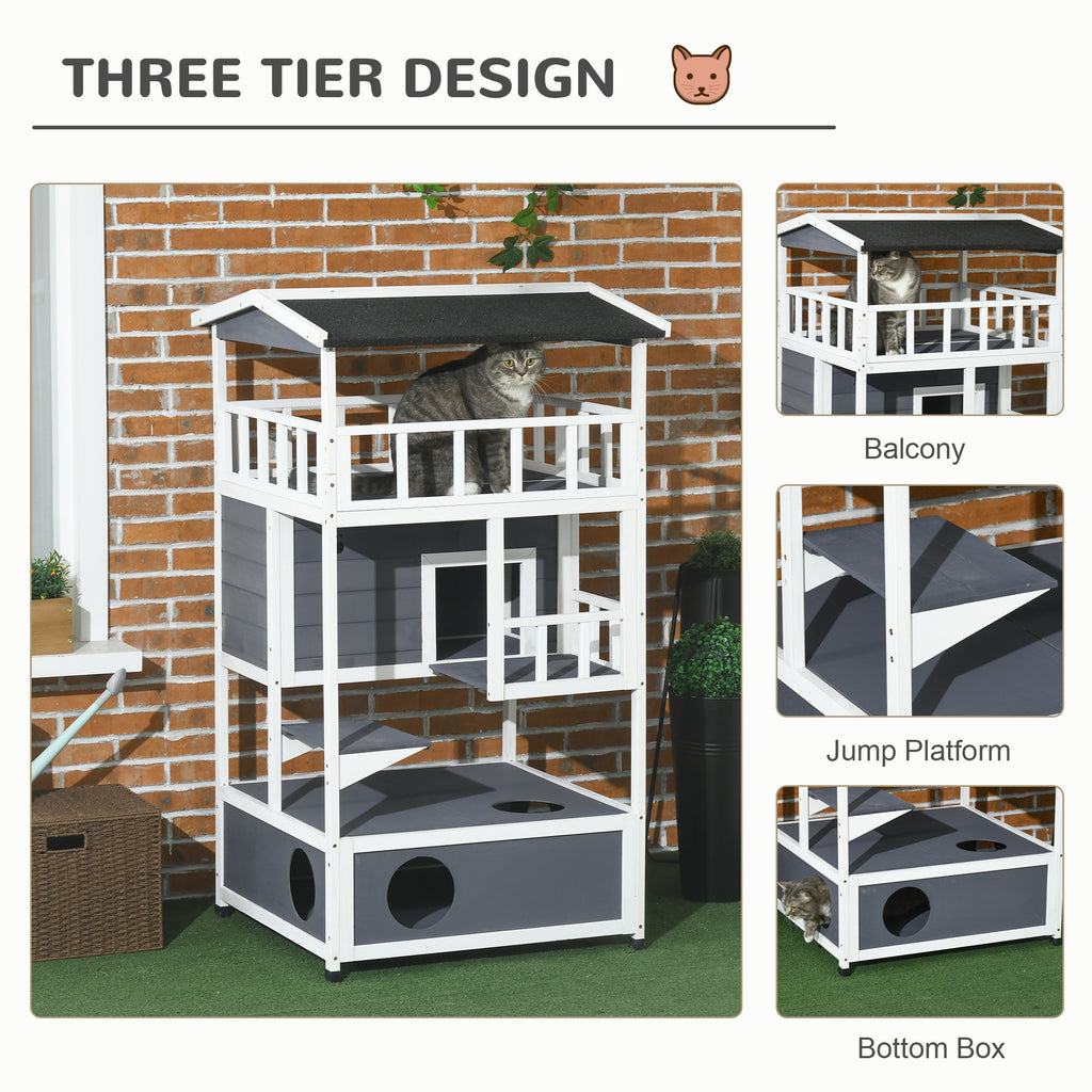 Wooden Outdoor Cat House 3-Tier for Winter Kitten Shelter Lodge w/ Tilted Roof Terrace Jump Step Bottom Tray Elevated Base Waterproof Paint