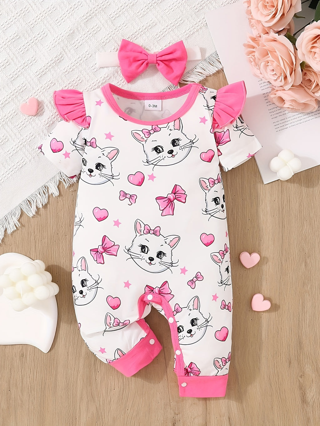 Newborn Baby Girls Cute Cartoon Cat Print Short-sleeved Comfortable Jumpsuit With Bow Headband Baby Summer Clothing