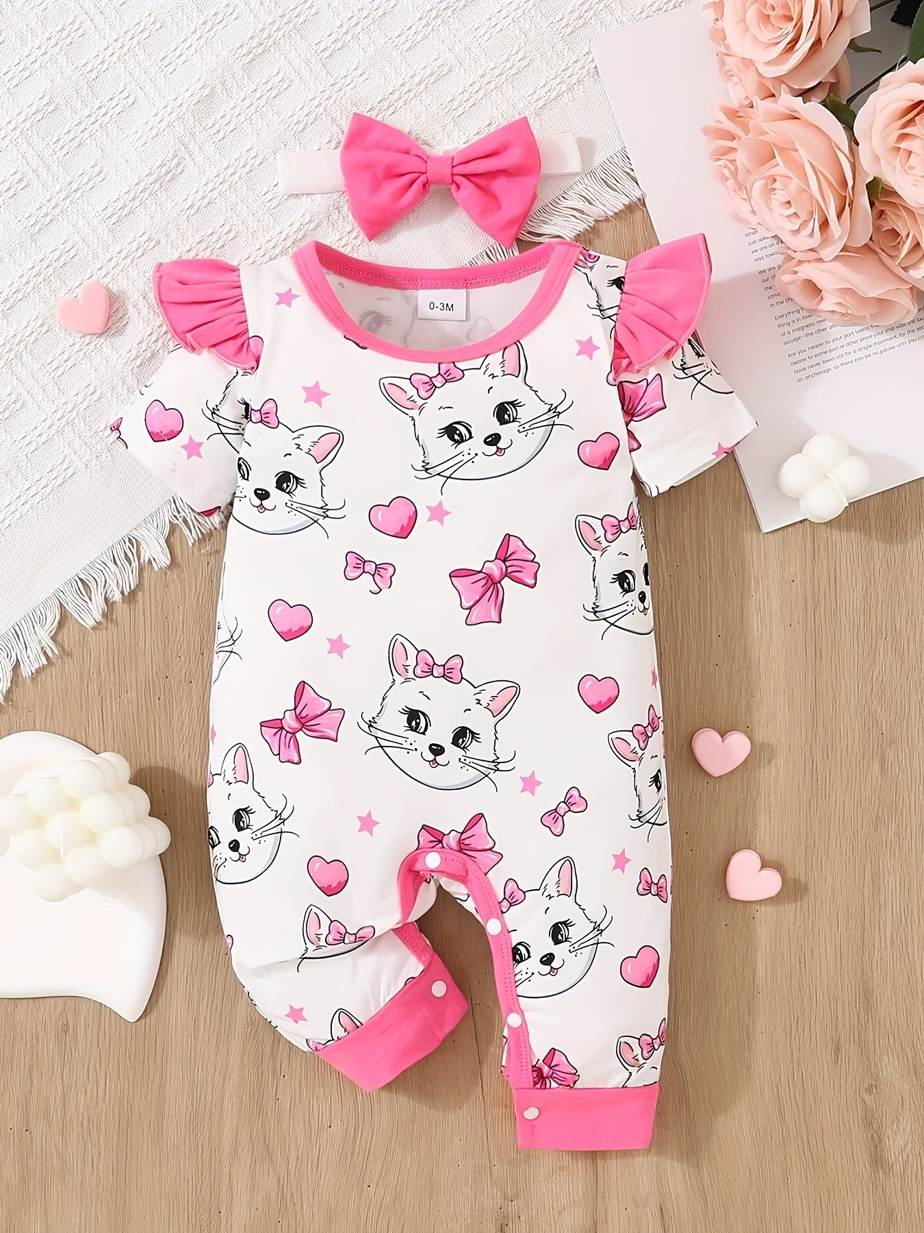 Newborn Baby Girls Cute Cartoon Cat Print Short-sleeved Comfortable Jumpsuit With Bow Headband Baby Summer Clothing