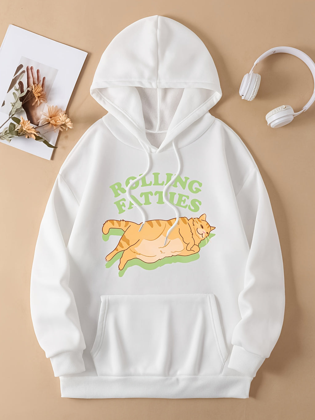Cute Cat & Letter Print Drawstring Hoodie, Casual Long Sleeve Kangaroo Pocket Sweatshirt, Women's Clothing