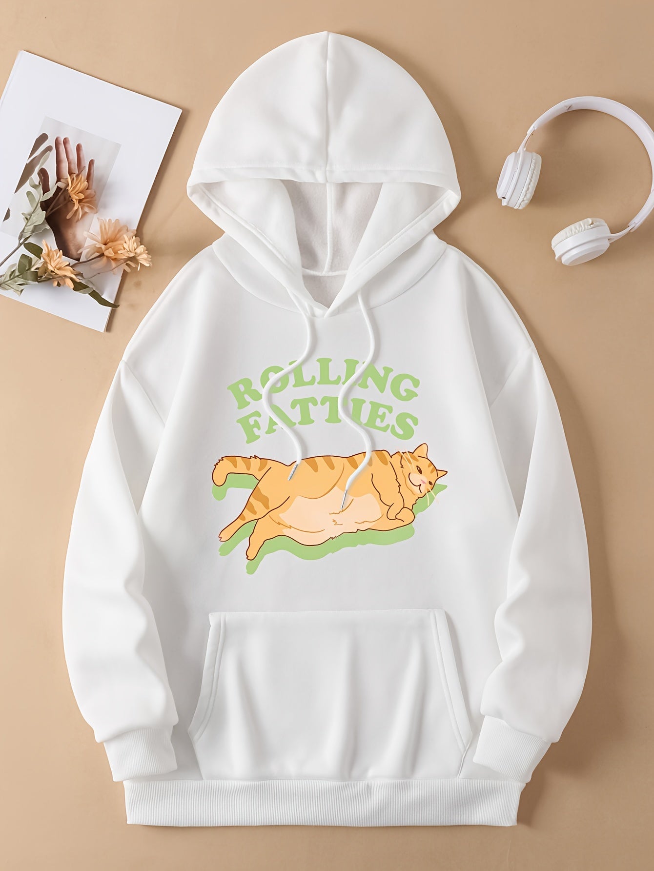 Cute Cat & Letter Print Drawstring Hoodie, Casual Long Sleeve Kangaroo Pocket Sweatshirt, Women's Clothing