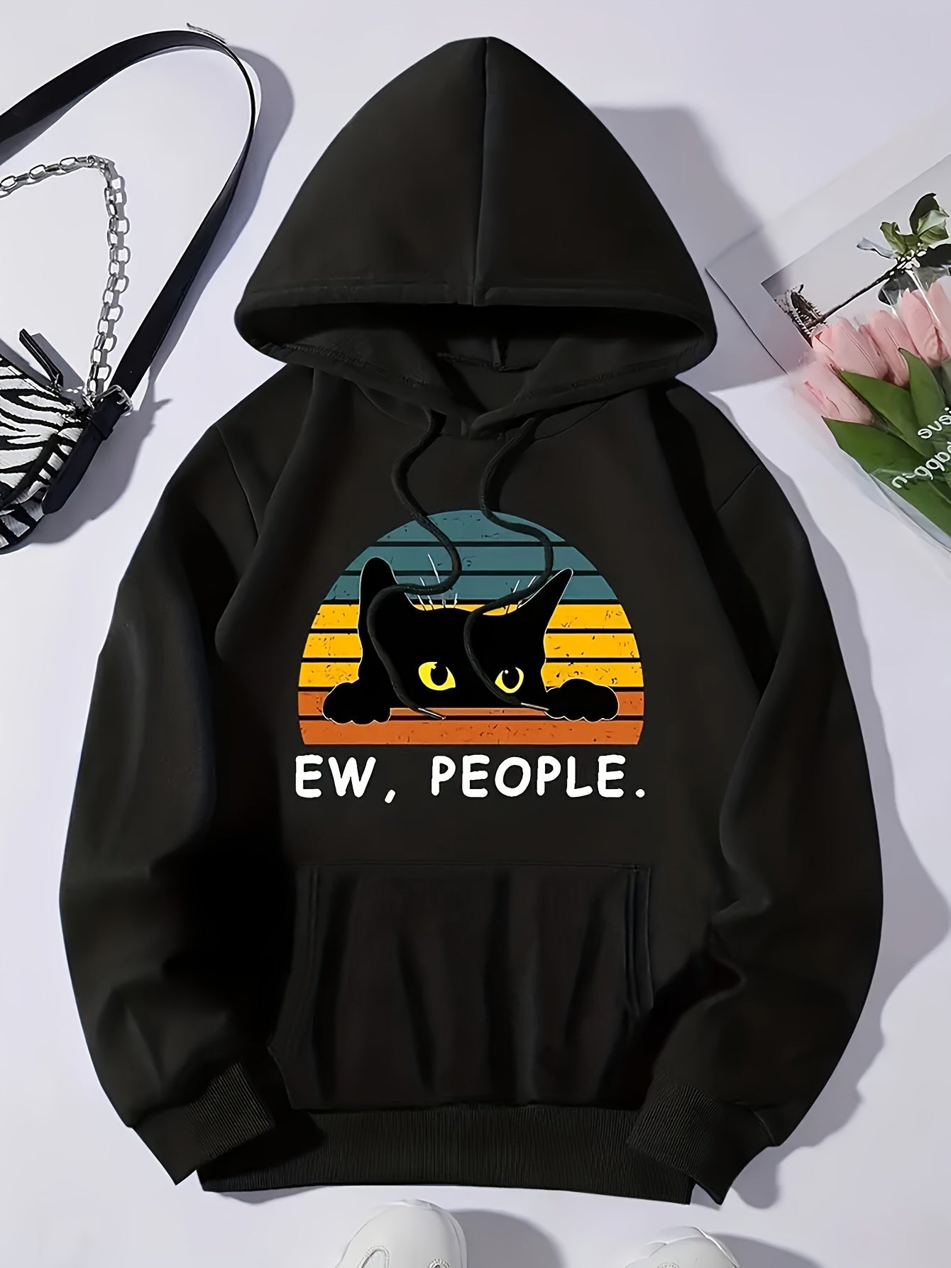 Cozy Cat Print Hoodie with Kangaroo Pocket - Perfect for Chilly Days, Comfortable & Easy Care Casual Wear for Women