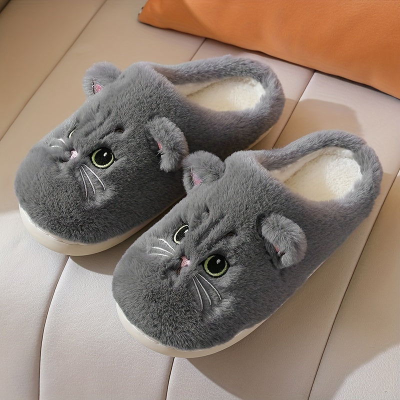 Cute Cartoon Cat Design Slippers, Casual Slip On Plush Lined Shoes, Comfortable Indoor Home Slippers