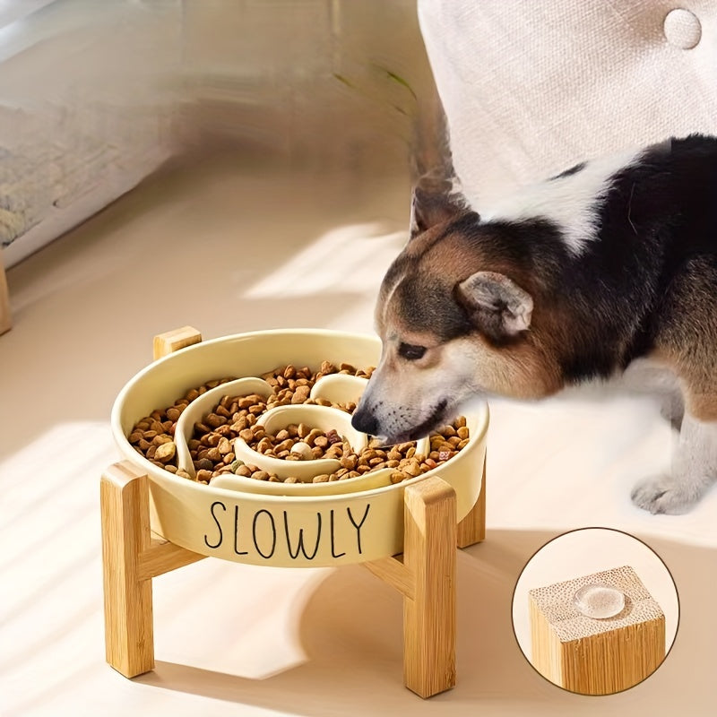 Elevated Cat Bowl, Ceramic Slow Feeder Cat Puzzle Food Bowl Water Bowl With Wooden Stand, Anti-choking Raised Dog Cat Basin To Slow Down Eating