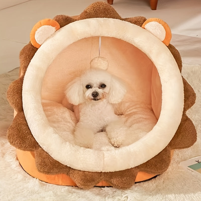 Cartoon Lion Shaped Cat Bed, Semi-enclosed Cat Kennel House Plush Cat Cave Nest For Indoor Cats