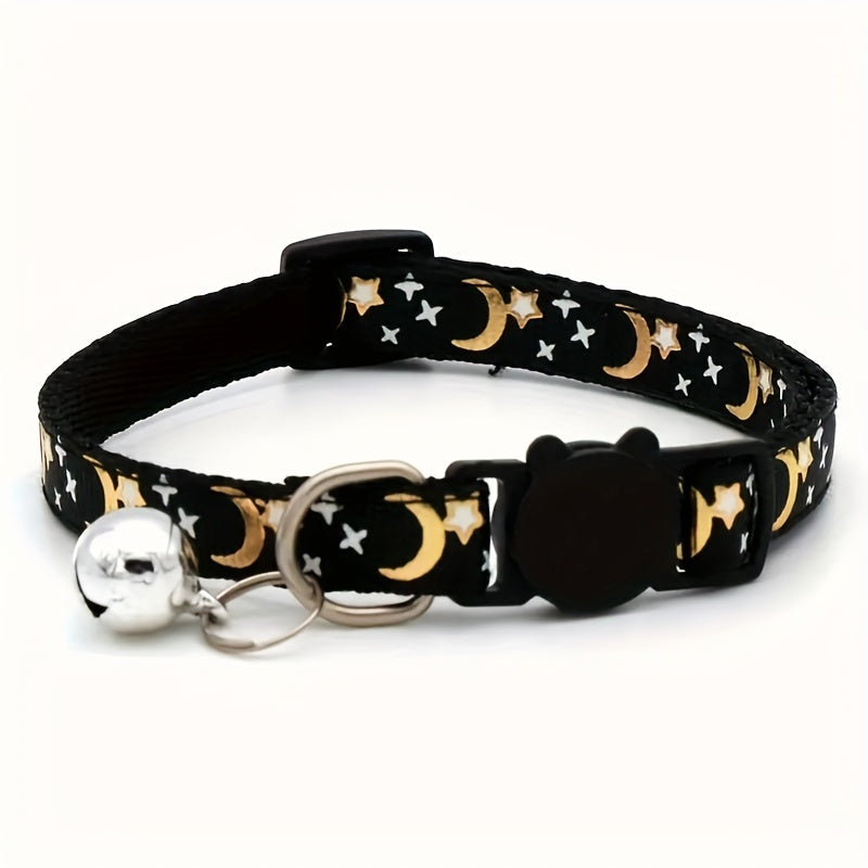 Stylish Adjustable Breakaway Cat Collar with Bell - Polyester Geometric Moon Star Pattern Necklace - Durable, Comfortable, and Safe for Your Feline Friend