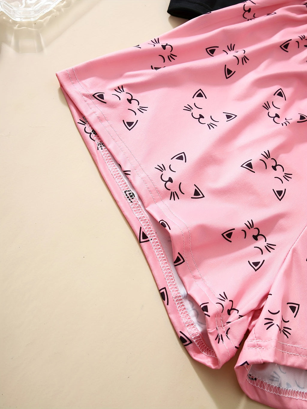 Cute Cat Print Pajama Set, Short Sleeve Crew Neck Top & Shorts & Pants, Women's Sleepwear & Loungewear