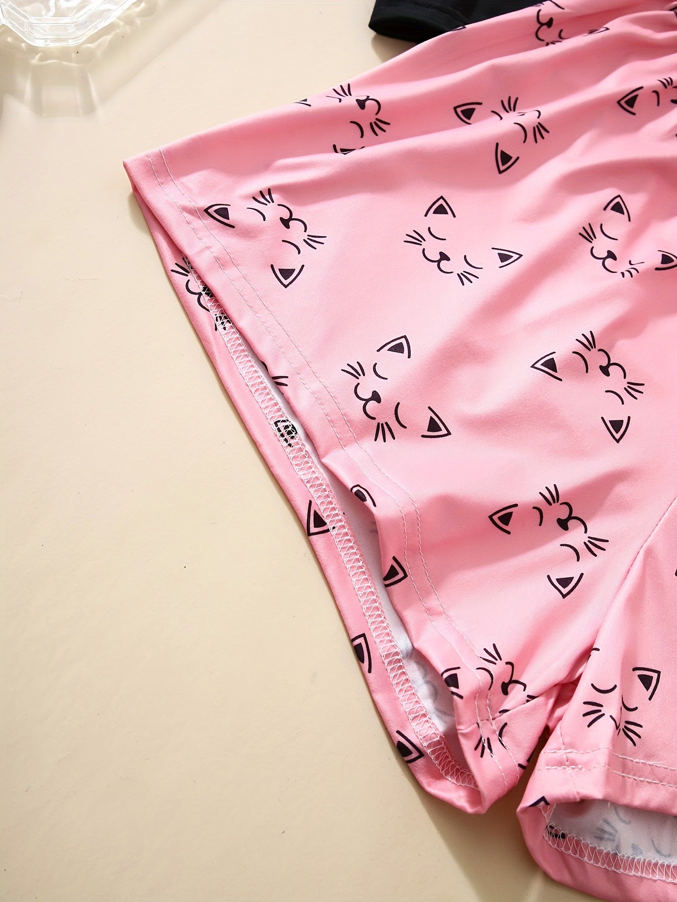 Cute Cat Print Pajama Set, Short Sleeve Crew Neck Top & Shorts & Pants, Women's Sleepwear & Loungewear