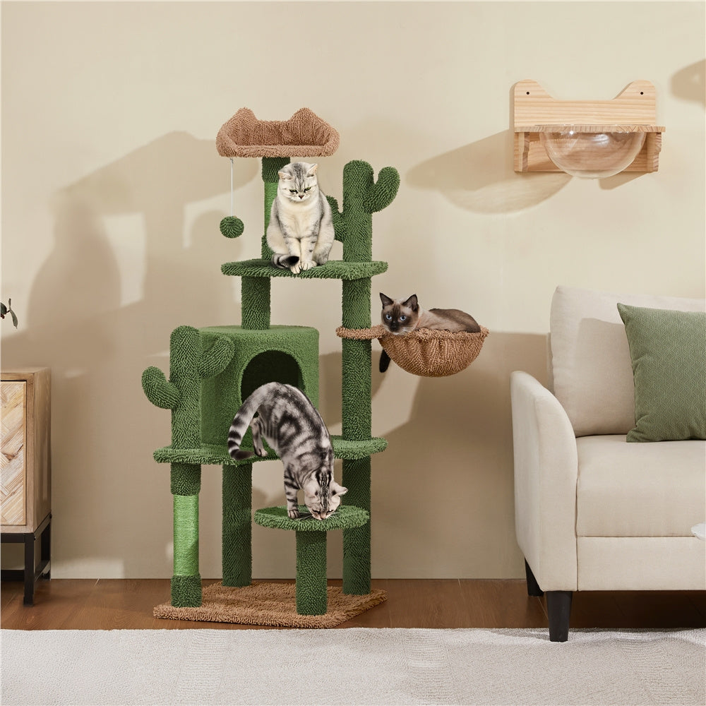 Costoffs Cat Tree, 135cm Height Cat Cactus Tree, Condo Kitten Tree Tower, Cat Furniture with Natural Sisal, Cat Tower with Padded Perch, Platform, Condo, Scratching Posts & Hanging Ball, Cat Furniture for Kittens, Green/Brown