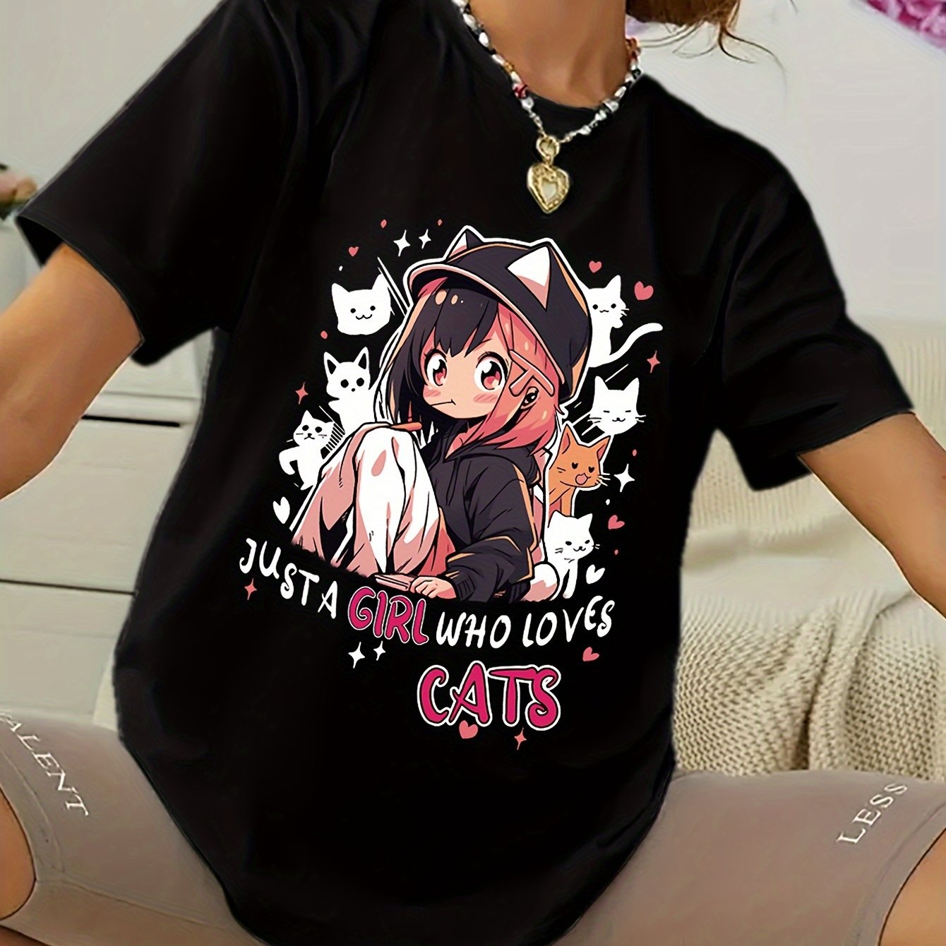 Women'S Anime Cat Lover Graphic T-Shirt - Black with Pink Lettering - Soft Stretchy Fabric Casual Everyday Tee - Cute Japanese Animation Shirt for Women - G7110, Allseason Apparel, Playful Design, Comfortable Fit, Streetwear