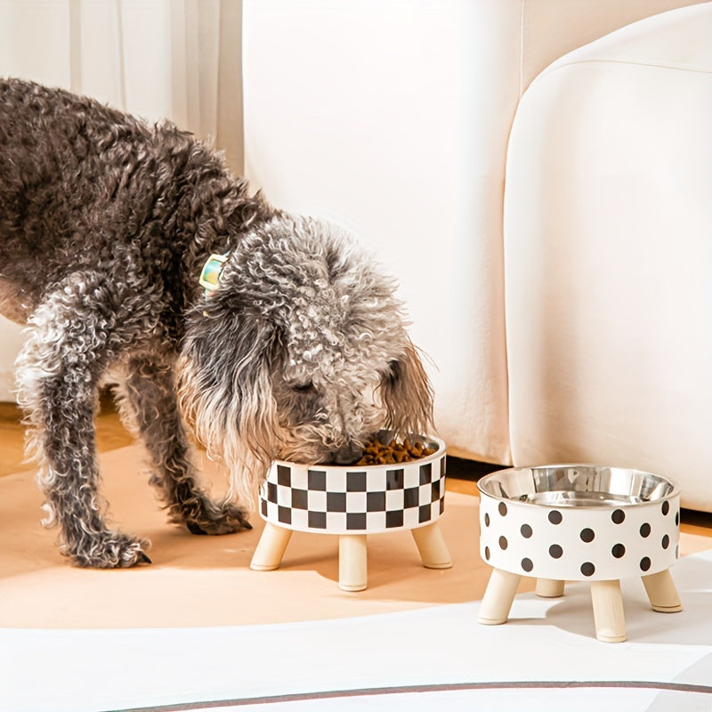 Elevated Whisker Delight Cat Bowl - Vibrant Graphic Pattern, Sturdy Wooden Stand, Easy-to-Clean, Raised Design - Perfect for Indoor Feline Friends, Spacious Feeder Bowl, Convenient Water Basin