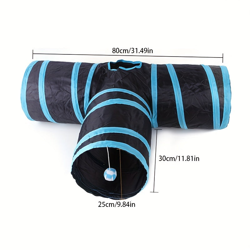 Large Collapsible Cat Tunnel with Play Ball & Interactive Peek Holes - Multi-Level Tunnel System for Indoor Cats, Kittens, Small Dogs - Heavy-Duty Tube with Blue Piping, Portable Hideout for Play & (Easy Assembly
