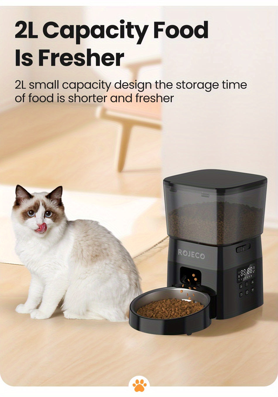 ROJECO Automatic Cat Food Dispenser, 2L Auto Cat Feeder, Timed Cat Feeder Program 1-6 Meals Control, Automatic Cat Feeder With Stainless Steel Bowl & Dual Power Supply, Automatic Pet Feeder For Cats & Dogs, No Adapter Include
