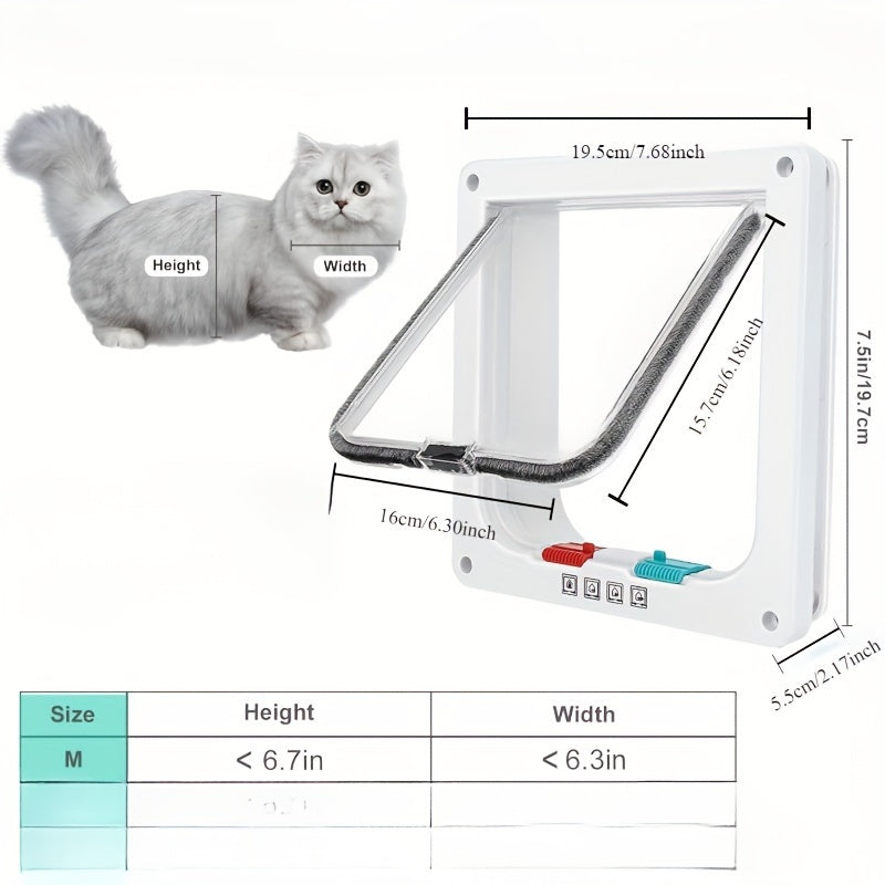 Weatherproof 4-Way Locking Cat Flap - Thin Door & Window Pet Door for Cats, Durable ABS Material