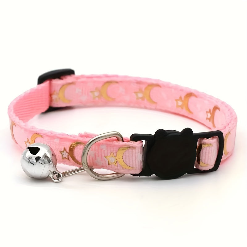 Stylish Adjustable Breakaway Cat Collar with Bell - Polyester Geometric Moon Star Pattern Necklace - Durable, Comfortable, and Safe for Your Feline Friend