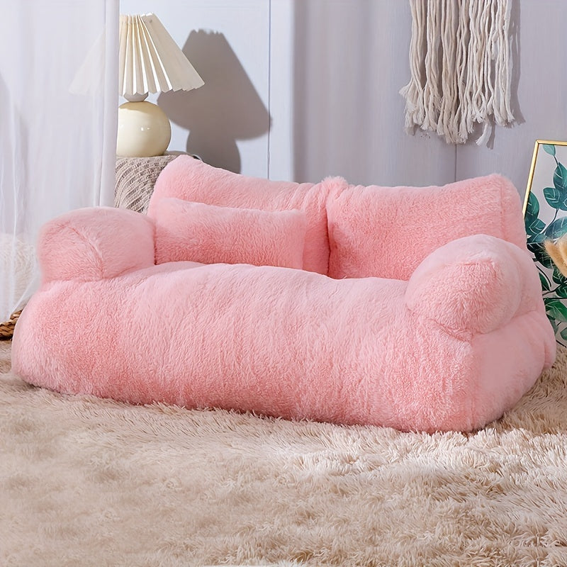 Luxurious Beige Plush Cat Bed - Ultra-Soft, Warm Sofa for Cats with Non-Slip Base & Detachable Cover - Ideal for Snoozing & Relaxing, Easy to Clean, Polyester Fill - Perfect Pet Lounger for Kittens & Cats, Kitten Bed