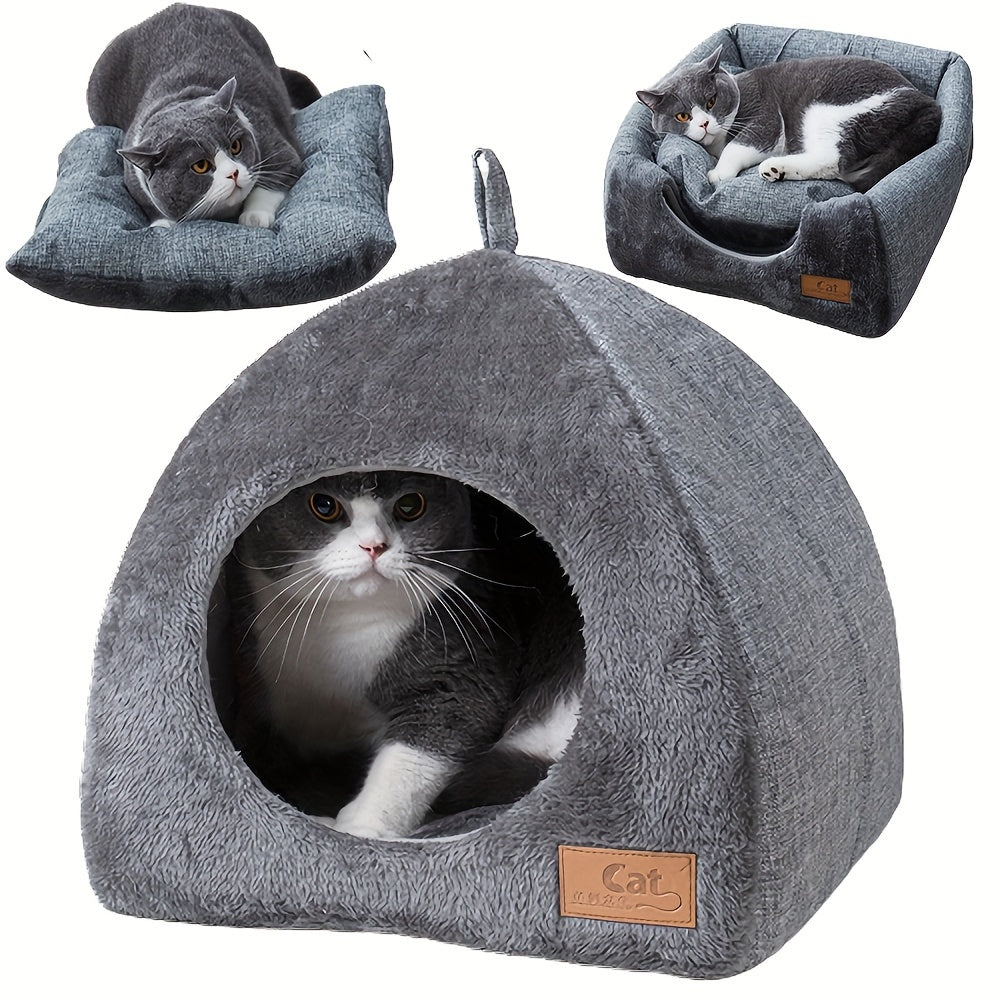 Foldable Plush Cat Cave - Classic Semi-Enclosed Nest with Soft Cushion Pad for Warmth, Comfort, and Privacy