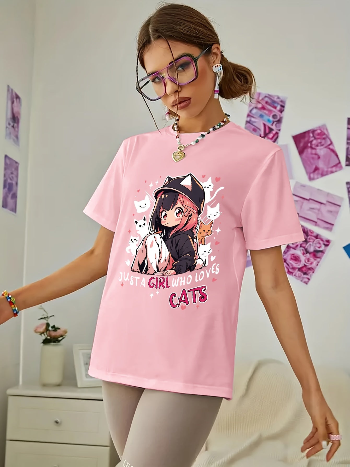 Women'S Anime Cat Lover Graphic T-Shirt - Black with Pink Lettering - Soft Stretchy Fabric Casual Everyday Tee - Cute Japanese Animation Shirt for Women - G7110, Allseason Apparel, Playful Design, Comfortable Fit, Streetwear