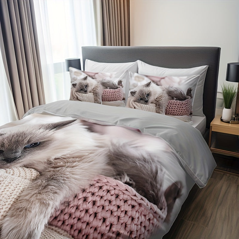 3-Piece Cat Print Bedding Set - 1 Duvet Cover & 2 Pillowcases, Breathable Polyester, Machine Washable, All-Season Comfort