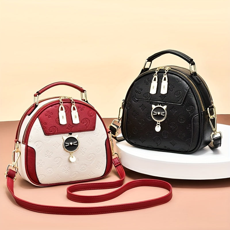 Small Geometric Embossed Crossbody Cat Dome Shoulder Purse - Color Contrast, Cute, Stylish, and Spacious Handbag for Women - Perfect for Daily Use, Travel, and Outdoor Activities