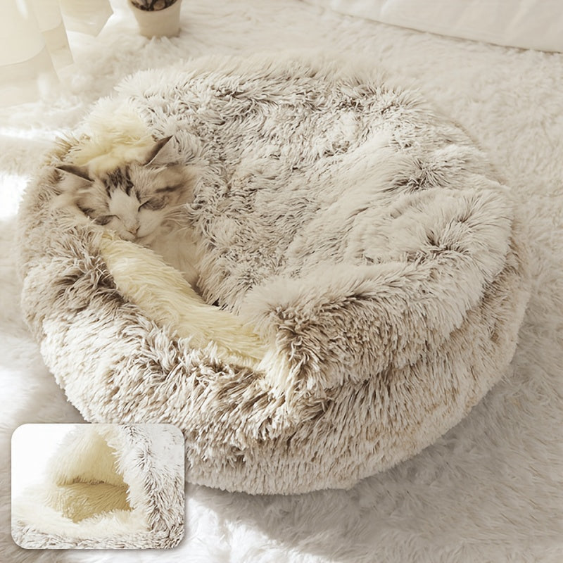 Luxurious Plush Hooded Donut Pet Bed for Cats & Small Dogs - Cozy, Warm, Non-Slip Bottom, Easy to Clean, Perfect for Winter Comfort