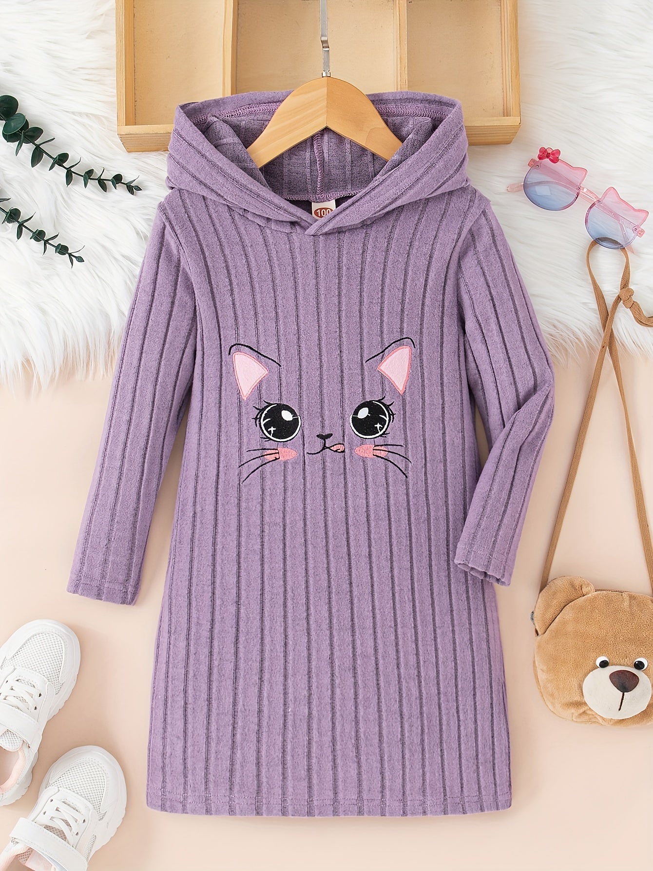 Girls Cat Pattern Knitted Long Sleeve Hooded Dress For Spring Fall Outdoor Activities