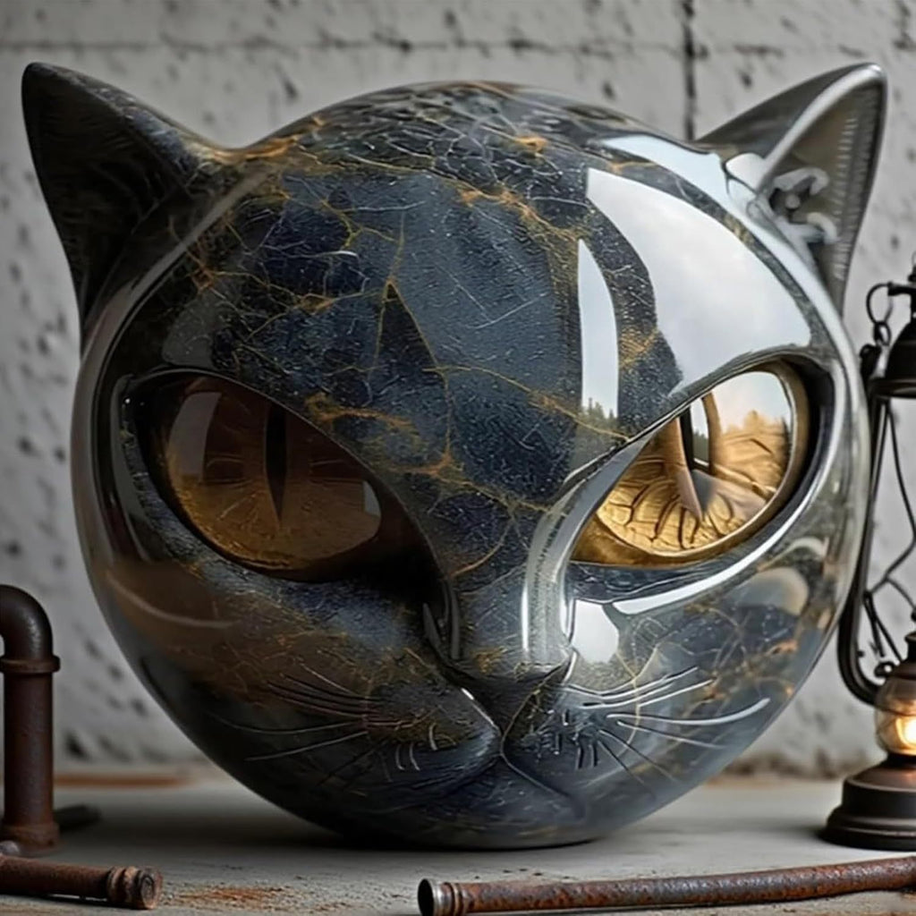 1pc Hand-Carved Resin Black Cat Stone Sculpture - Elegant Marble-Like Texture with Golden Marble Eyes, Intricate Feline Face & Expressive Eyes, Mini Cat Figurine for Home Decor, Gift for Cat Lovers (No Electricity Needed) - D