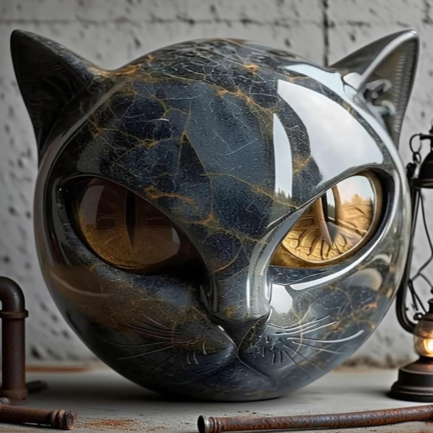 1pc Hand-Carved Resin Black Cat Stone Sculpture - Elegant Marble-Like Texture with Golden Marble Eyes, Intricate Feline Face & Expressive Eyes, Mini Cat Figurine for Home Decor, Gift for Cat Lovers (No Electricity Needed) - D
