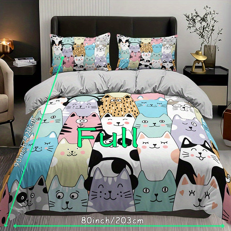 3pcs Fashion Duvet Cover Set, Cute Cartoon Cat Print Bedding Set, Soft Comfortable Breathable Duvet Cover, For Bedroom Guest Room Decor (1*Duvet Cover + 2*Pillowcase, Without Core)
