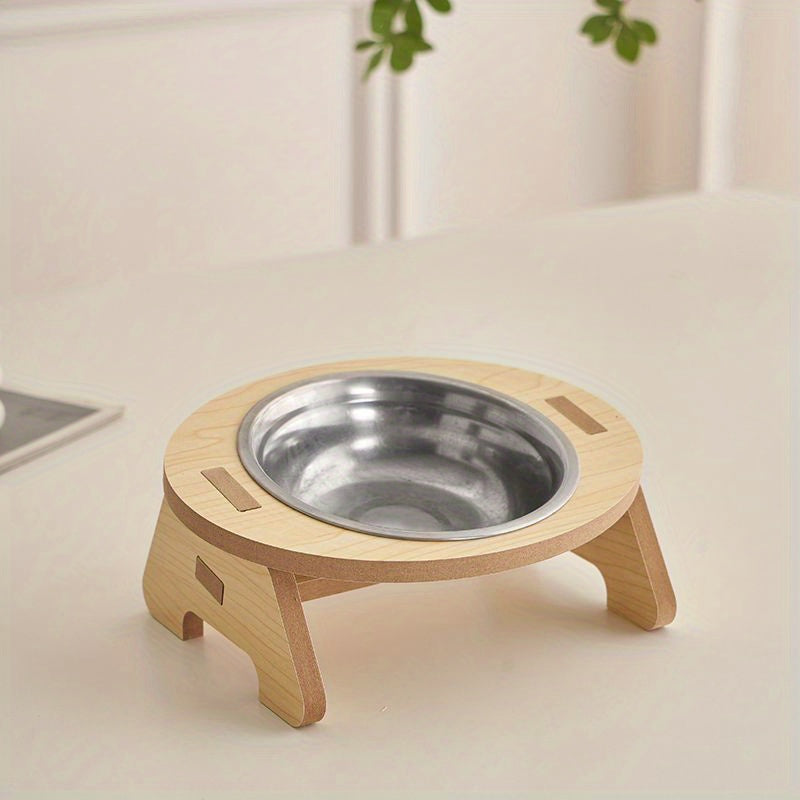 Elevated Cat Inclined Food Bowl Water Bowl With Wooden Stand For Cervical Spine Protection, Detachable Stainless Steel Pet Feeding Basin For Cats