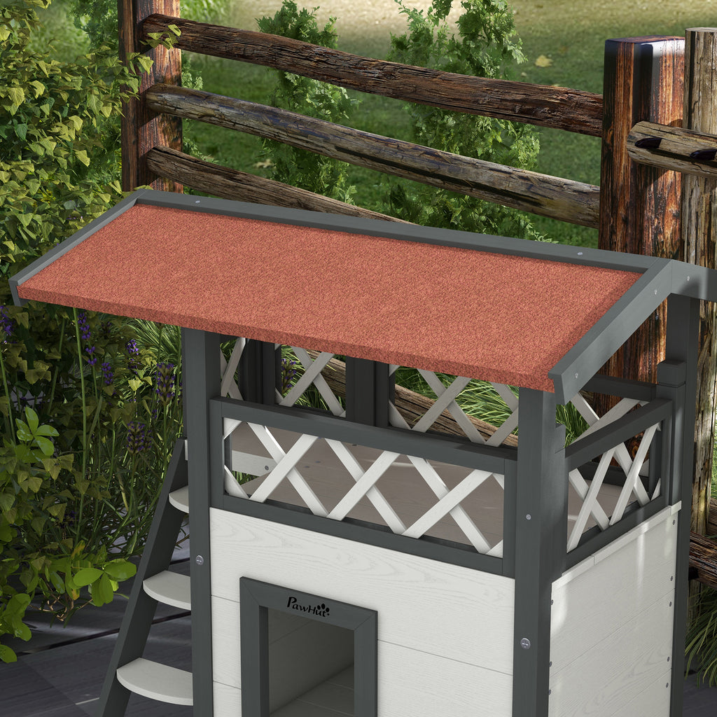 Outdoor Cat House Kitten Shelter Puppy Kennel with Balcony Stairs Asphalt Roof, 77 x 50 x 73 cm