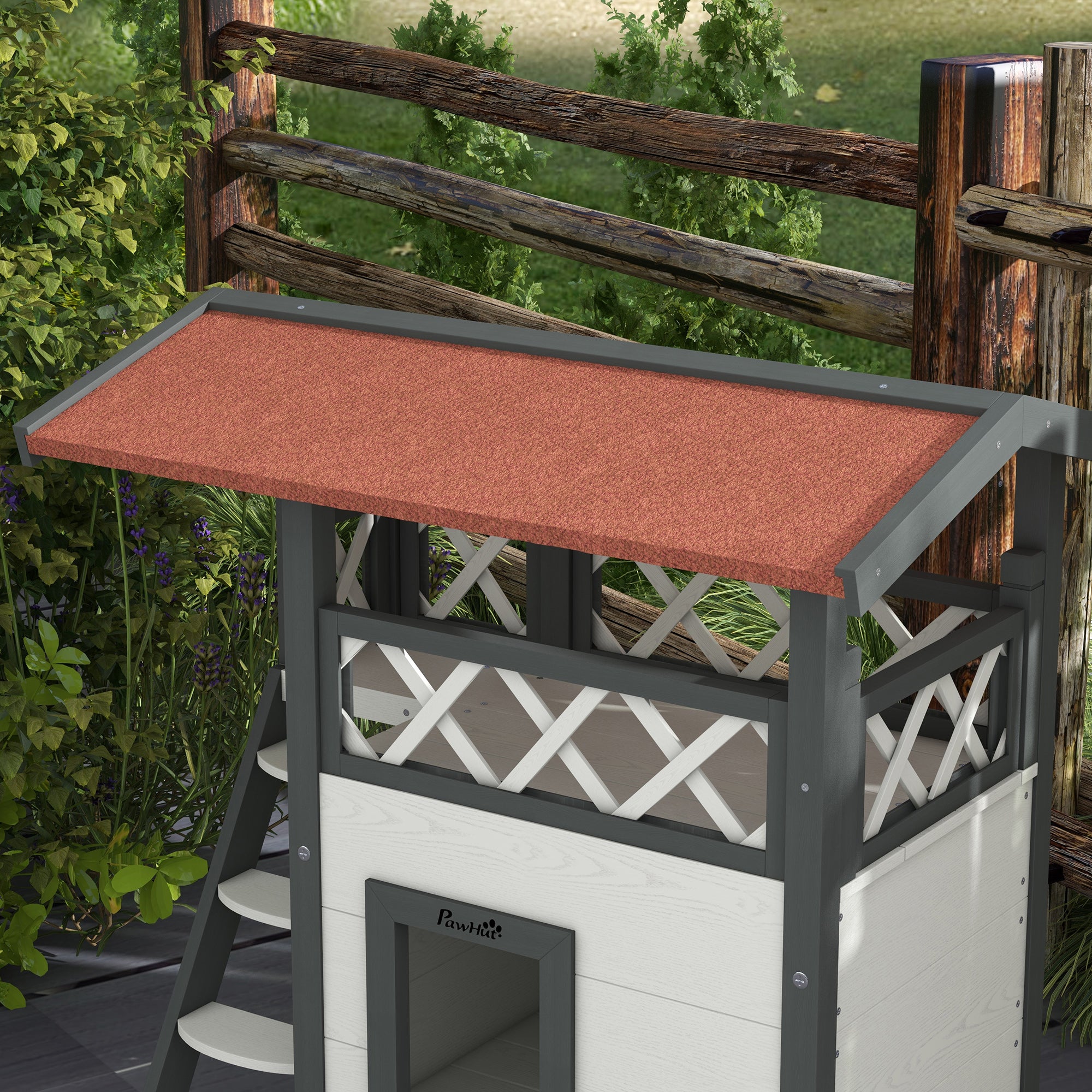 Outdoor Cat House Kitten Shelter Puppy Kennel with Balcony Stairs Asphalt Roof, 77 x 50 x 73 cm