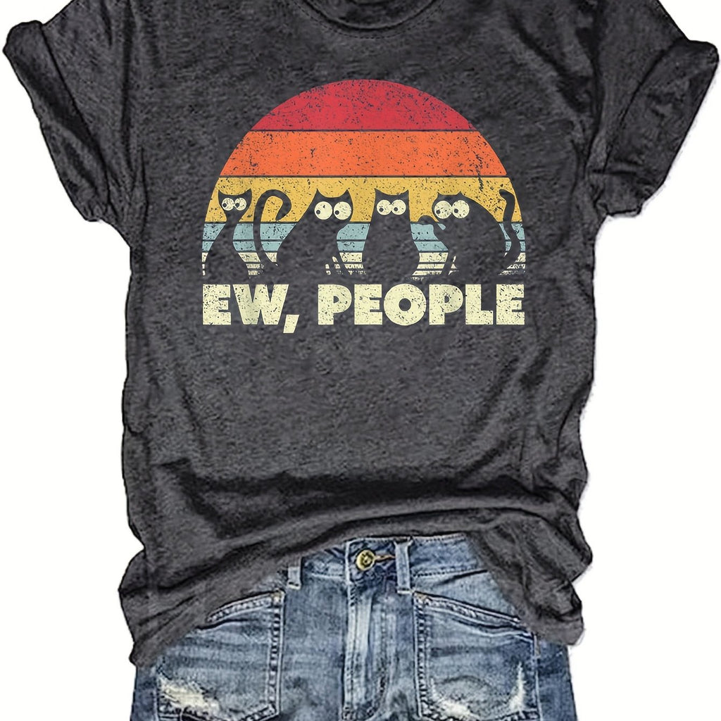 Funny Cat Print Crew Neck T-shirt, Casual Short Sleeve Top For Spring & Summer, Women's Clothing