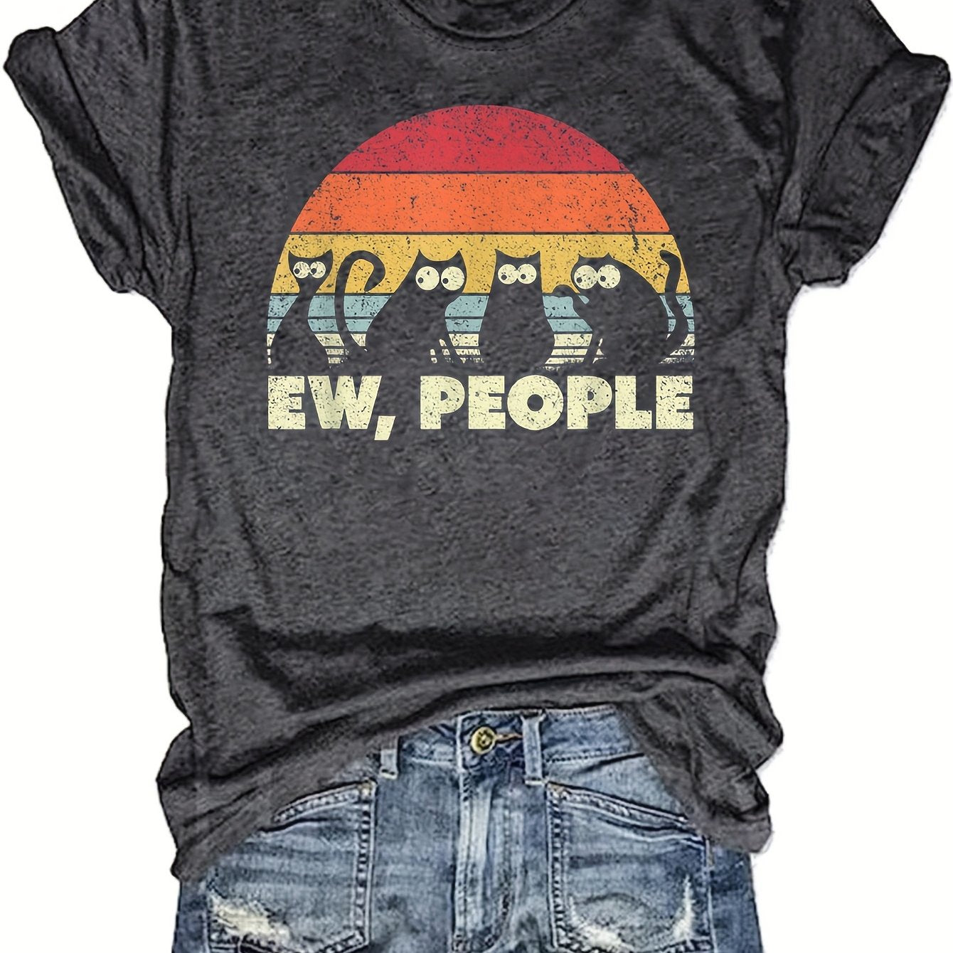 Funny Cat Print Crew Neck T-shirt, Casual Short Sleeve Top For Spring & Summer, Women's Clothing