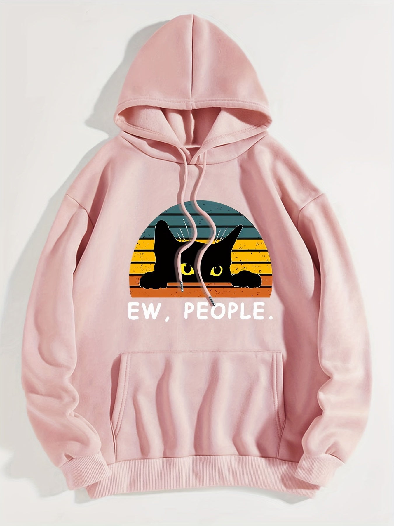 Cozy Cat Print Hoodie with Kangaroo Pocket - Perfect for Chilly Days, Comfortable & Easy Care Casual Wear for Women