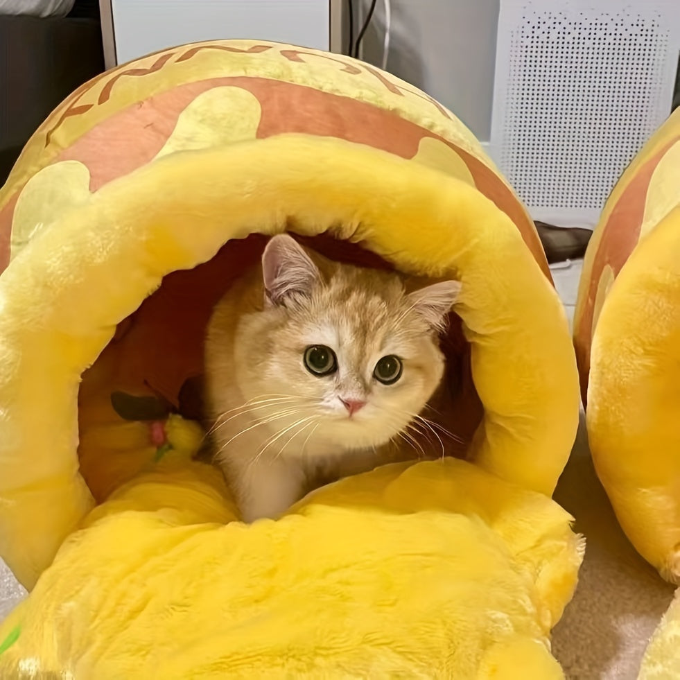 Cozy Semi-Enclosed Thermal Soft Pet Cave Nest - Honey Pot Design Cat Bed with Removable Cushion Mat for Indoor Cats and Dogs