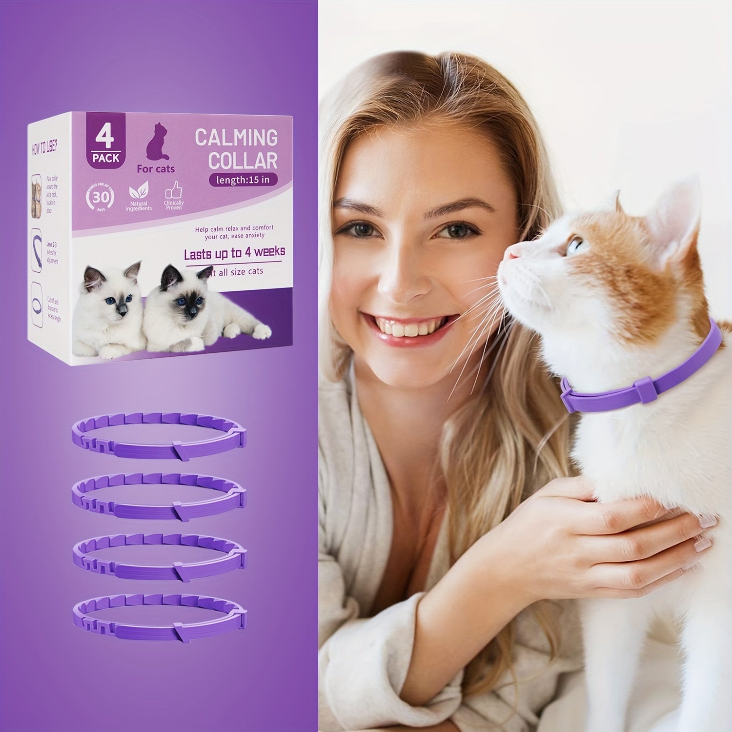 4pcs Calming Pheromone Cat Collars - Adjustable Breakaway Design, Relax for Cats & Kittens, Purple, 50g, Lasts Up to Weeks, Ideal for Small, Medium, Large Cats