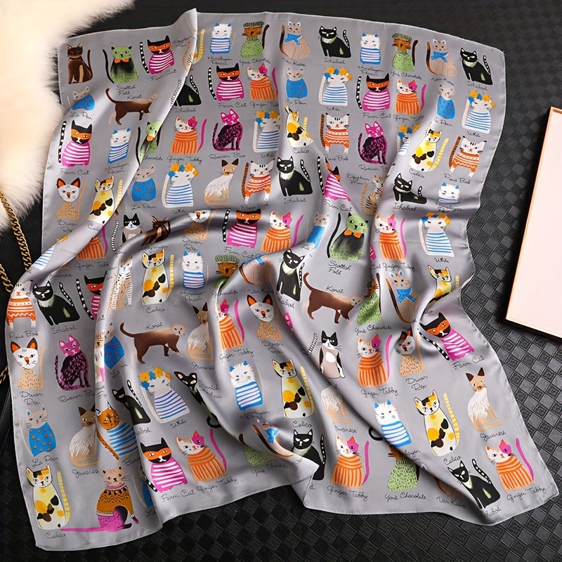 Cartoon Cat Pattern Polyester Square Scarf for Women, Cute Style, Decorative & Windproof, Breathable, Non-Elastic, with Hand Wash/Dry Clean for Parties